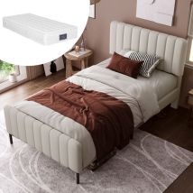 Letto per adulti Letto singolo imbottito per ragazzi 90 x 200 cm con rete a doghe e testiera regolabile, grigio e beige, materasso incluso