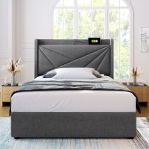 Wishdor - Letto contenitore Letto singolo imbottito 90 x 200 cm. Ricarica usb tipo c. In lino. Grigio. Senza materasso