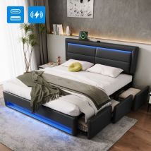 Wishdor - Letto 180x200 cm con 3 cassetti, letto contenitore 180x200 cm, letto imbottito con porta usb e illuminazione led, senza materasso,