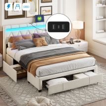 Letto con cassetti 160x200cm, tessuto, letto matrimoniale con 4 cassetti, testiera decorata a rombi con ricarica USB e illuminazione LED, giroletto,