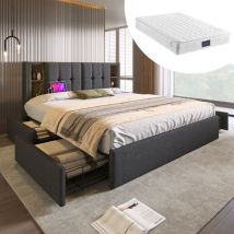 Letto con cassetti Letto matrimoniale imbottito per adulti 160 x 200 cm con ricarica wireless usb c e 4 cassetti, rete a doghe in lino di legno,