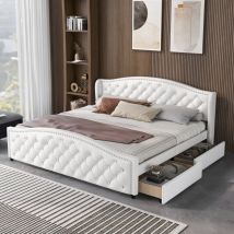 Wishdor - Letto con cassetti Letto imbottito 180 x 200 cm con rete a doghe, 2 cassetti e testiera con rivetti di tiraggio, similpelle, bianco