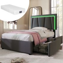 Wishdor - Letto con cassetti Letto imbottito in legno 90 x 200 cm con illuminazione a led e 2 cassetti. Grigio. Materasso incluso