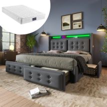 Letto con cassetti Letto per adulti e ragazzi 140 x 200 cm con testiera led e funzione di ricarica usb c e 4 cassetti, cotone, grigio, materasso
