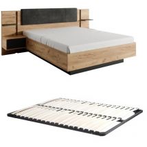 Vente-unique - Letto con comodini 140 x 190 cm Con led Naturale e Antracite + Rete - elynia