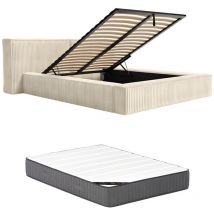 Pascal Morabito - Letto con contenitore 140 x 190 cm Velluto spesso a coste Beige + Materasso timano di