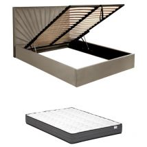Pascal Morabito - Letto con contenitore 140 x 190 cm Velluto Tortora + Materasso rilioda di