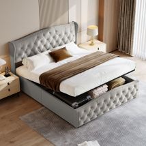 Pergar - Letto contenitore 140x200, letto imbottito con rete a doghe, testiera ondulata, disegno rivetto, velluto, grigio