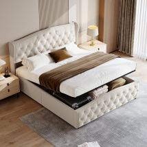 Pergar - Letto contenitore 160x200, letto imbottito con rete a doghe, testiera ondulata, disegno rivetti, velluto, beige