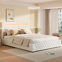 Letto contenitore 180x200, letto matrimoniale imbottito, rete a doghe, LED orientabile, con testiera, PU, bianco