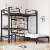 Letto con struttura in ferro, letto a castello con tavolo e ripiani, adatto a bambini e adolescenti, con scala a cinque gradini ad angolo retto,