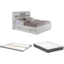 Vente-unique - Letto con vani portaoggetti 140 x 190 cm Pino Bianco + Rete + Materasso - mederick