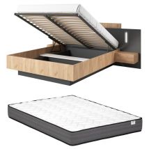 Vente-unique - Letto con vano e comodini + Materasso - 2 cassetti - con led - 160 x 200 cm - Naturale e Antracite - francoli