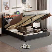 Tanant - Letto contenitore 180x200 cm, similpelle, Letto matrimoniale con illuminazione led, testiera decorata con bottoni, rete a doghe, giroletto,