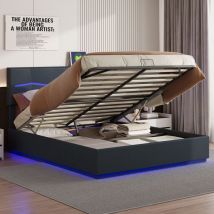 Tanant - Letto contenitore 180x200 cm - illuminazione led, testiera, aste idrauliche, rete in metallo e doghe, letto matrimoniale stile scandinavo