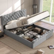Tanant - Letto contenitore imbottito 140x200 cm - velluto, con testiera regolabile con finiture a rombi, rete a doghe, giroletto, letto per adulti