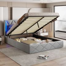 Tanant - Letto contenitore imbottito 160x200cm, velluto, Letto matrimoniale con rete a doghe, testiera con decoro a rombi con illuminazione a led,