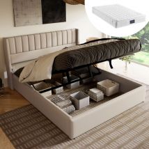 Hauss Spole - Letto contenitore imbottito con rete a doghe, lino - 140x200 cm, beige, materasso incluso