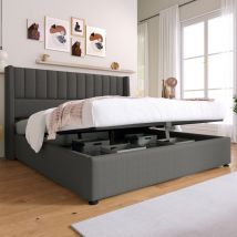 Hauss Spole - Letto contenitore imbottito con rete a doghe, lino - 180x200 cm, grigio, senza materasso