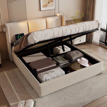 Wishdor - Letto contenitore 160x200 cm, letto imbottito beige con lampada da lettura con testiera usb, letto matrimoniale in lino, senza materasso