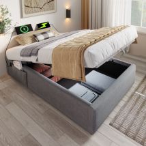 Wishdor - Letto contenitore 90x200 cm, letto singolo 90x200 cm, letto imbottito con usb-c e rete a doghe, senza testiera, senza materasso, cotone,