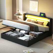 Wishdor - Letto contenitore 160x200 cm, letto imbottito con led, lettore Bluetooth e ricarica usb, letto per bambini con rete a doghe, in similpelle,