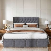 Pergar - Letto contenitore 160x200, letto matrimoniale con testiera, letto adulto, letto imbottito con leva idraulica, velluto, grigio