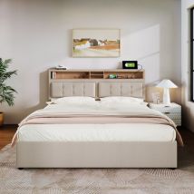 Wishdor - Letto contenitore Letto matrimoniale imbottito 160 x 200 cm con presa usb. testiera, lino, beige, senza materasso
