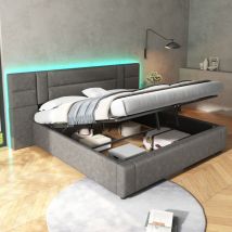 Letto contenitore Letto matrimoniale imbottito Letto per adulti 180 x 200 cm con illuminazione a led e contenitore, pu, ​​grigio, senza fondo