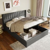 Wishdor - Letto contenitore Letto matrimoniale imbottito per adulti 160 x 200 cm con rete a doghe, lino, grigio, senza materasso, senza base
