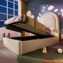 Wishdor - Letto contenitore 90x200 cm, letto per bambini 90x200 cm, letto imbottito, letto singolo, testiera con motivo cosmico, similpelle, beige,
