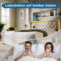 Wishdor - Letto contenitore Letto matrimoniale per adulti 160 x 200 cm con usb Type c e led. Beige