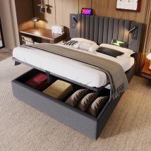 Hauss Spole - Letto contenitore matrimoniale imbottito 140 x 200 cm, con rete a doghe, lampada da lettura, usb, cotone, grigio (senza materasso)
