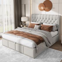 Wishdor - Letto contenitore Letto matrimoniale imbottito per adulti 140 x 200 cm con leva idraulica, in cotone-lino, grigio, senza materasso