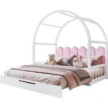 Gutent - Letto estraibile, letto matrimoniale per bambini, cuscini in velluto, bianco + rosa (140x100 cm e 140x200 cm)