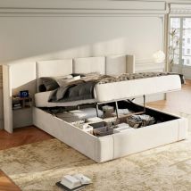 Letto 160x200 cm, grande letto contenitore con porta usb, prese, 2 comodini, rete a doghe in legno, velluto, senza materassi, beige