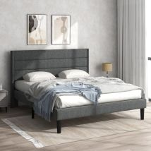 Redom - Letto Imbottito 140 X 200 Cm, Giroletto Con Rete A Doghe E Testiera, Letto Matrimoniale Imbottito, Rivestimento Tessile In Lino Grigio Scuro, 