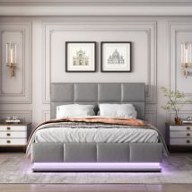 Redom - Letto imbottito 140x200 cm con illuminazione a led e vano portaoggetti con sollevamento idraulico, box letto e rete a doghe in similpelle