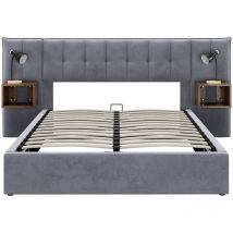 Letto imbottito 160 x 200 cm, con lampada da comodino, ampio letto idraulico, due comodini con vano portaoggetti, velluto, grigio + marrone