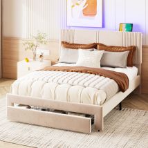 Letto per adulti Letto matrimoniale imbottito 140 x 200 cm con striscia luminosa e presa usb e cassetto, velluto, beige, senza materasso