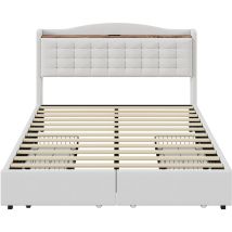 Gutent - Letto imbottito 160x200 cm, comodino con punto di ricarica usb e mensola, letto matrimoniale piatto con 4 cassetti, tessuto di lino beige