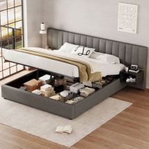 Gutent - Letto Imbottito 180x200 Cm, Con Due Comodini Con Contenitore, Lino, Grigio + Nero