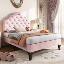 Gutent - Letto imbottito 90x200 cm, con testata regolabile in altezza, supporti a doghe in legno, velluto - Rosa