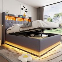 Okwish - Letto imbottito a led 160 x 200 cm, letto contenitore imbottito con porta di ricarica usb e spazio di archiviazione idraulico, tessuto di
