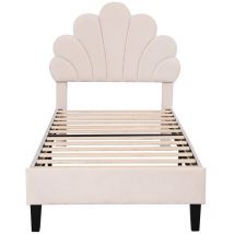 Gutent - Letto imbottito beige per bambini 90 x 200 cm, struttura con testiera e doghe floreali, in tessuto velour delicato sulla pelle
