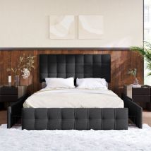 Letto imbottito con 4 cassetti, letto matrimoniale con rete a doghe, letto contenitore, materiale in lino (140 x 200 cm, nero)