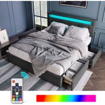 Hauss Spole - Letti imbottito per adulti 140 x 200 cm, con 4 cassetti, led, testiera regolabile, senza materasso, grigio