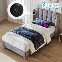 Hommoo - Letto per adulti Letto imbottito per ragazzi 90 x 200 cm con ricarica usb Type c e rete a doghe, lino, grigio