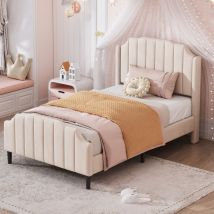 Letto imbottito 90 x 200 cm, giroletto per bambini con testiera, pediera e rete a doghe, letto matrimoniale rivestito in velluto beige, letto per