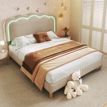 Wishdor - Letto matrimoniale imbottito per ragazzi 140 x 200 cm led con rete a doghe e testiera regolabile, lino, beige